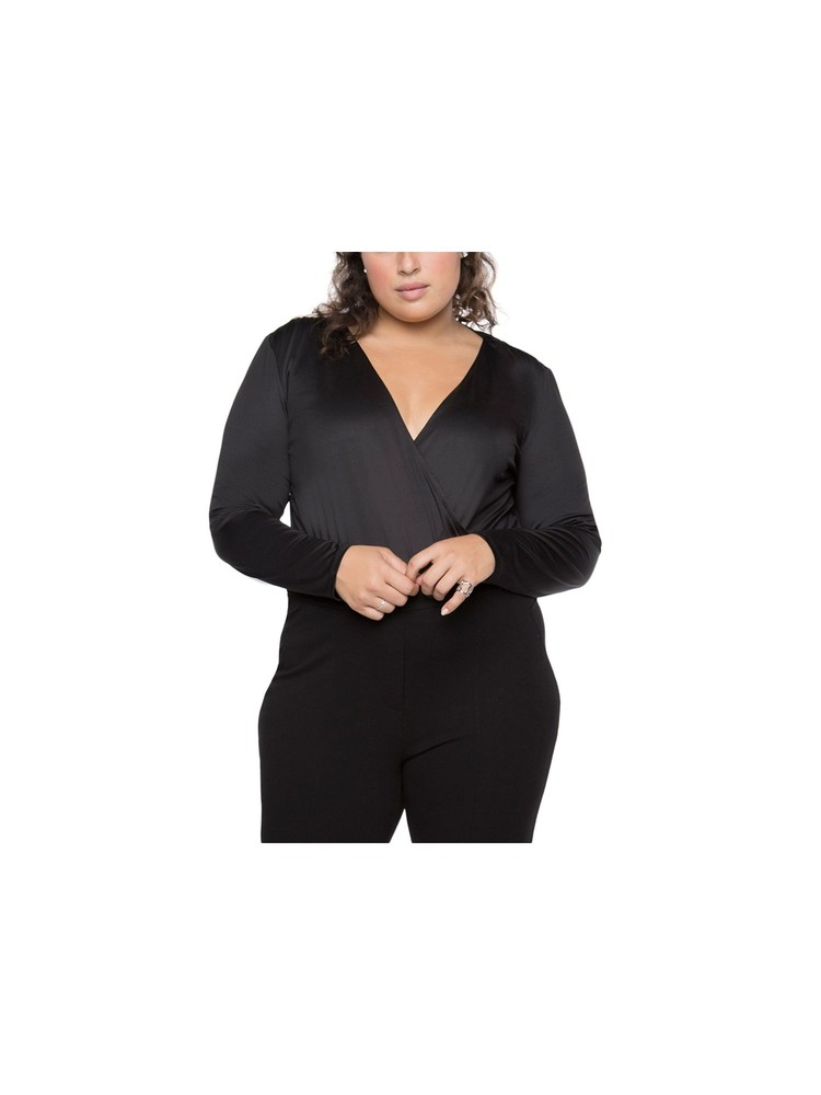 BLACK TAPE Womens Black Faux Wrap Style Long Sleeve Body Suit Top Plus 2X