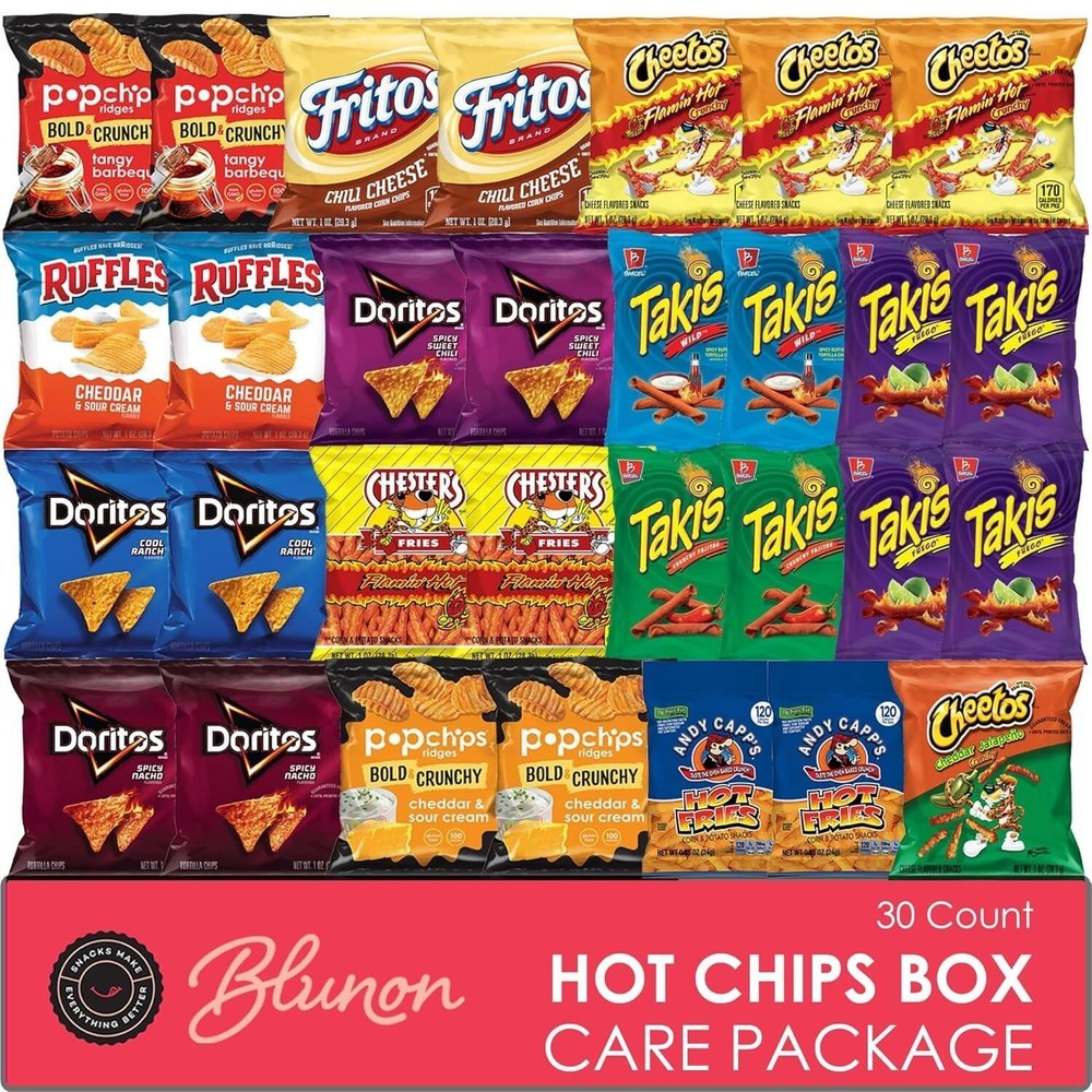 Bulk Assortment of Hot Chips - 30 Spicy Snack Bags Gift Box for Sharing