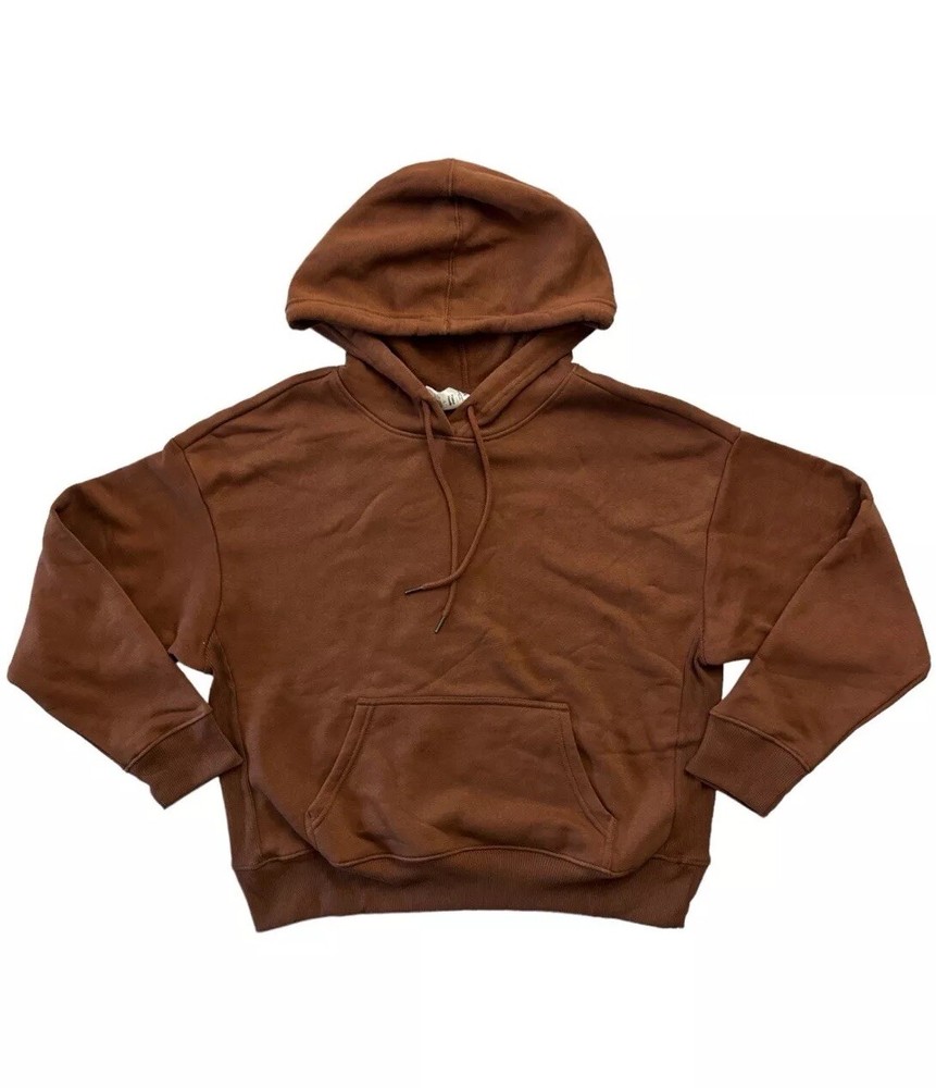 Women's Brown Fleece Hoodie Relaxed Fit Ribbed Cuffs-image