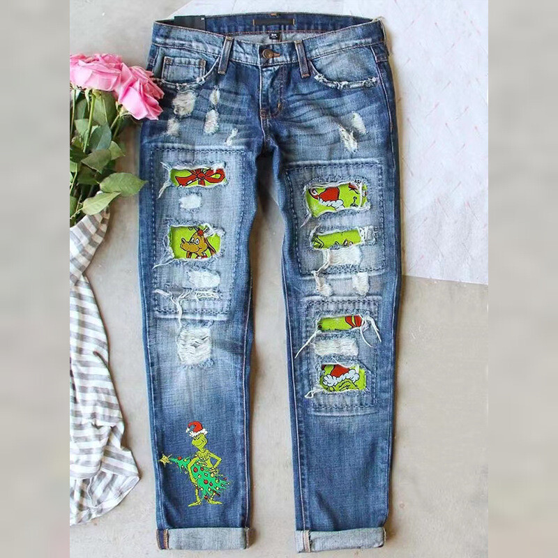 NEW The Grinch Print Merry Christmas Ripped Patchwork Womens Casual Jeans Pants