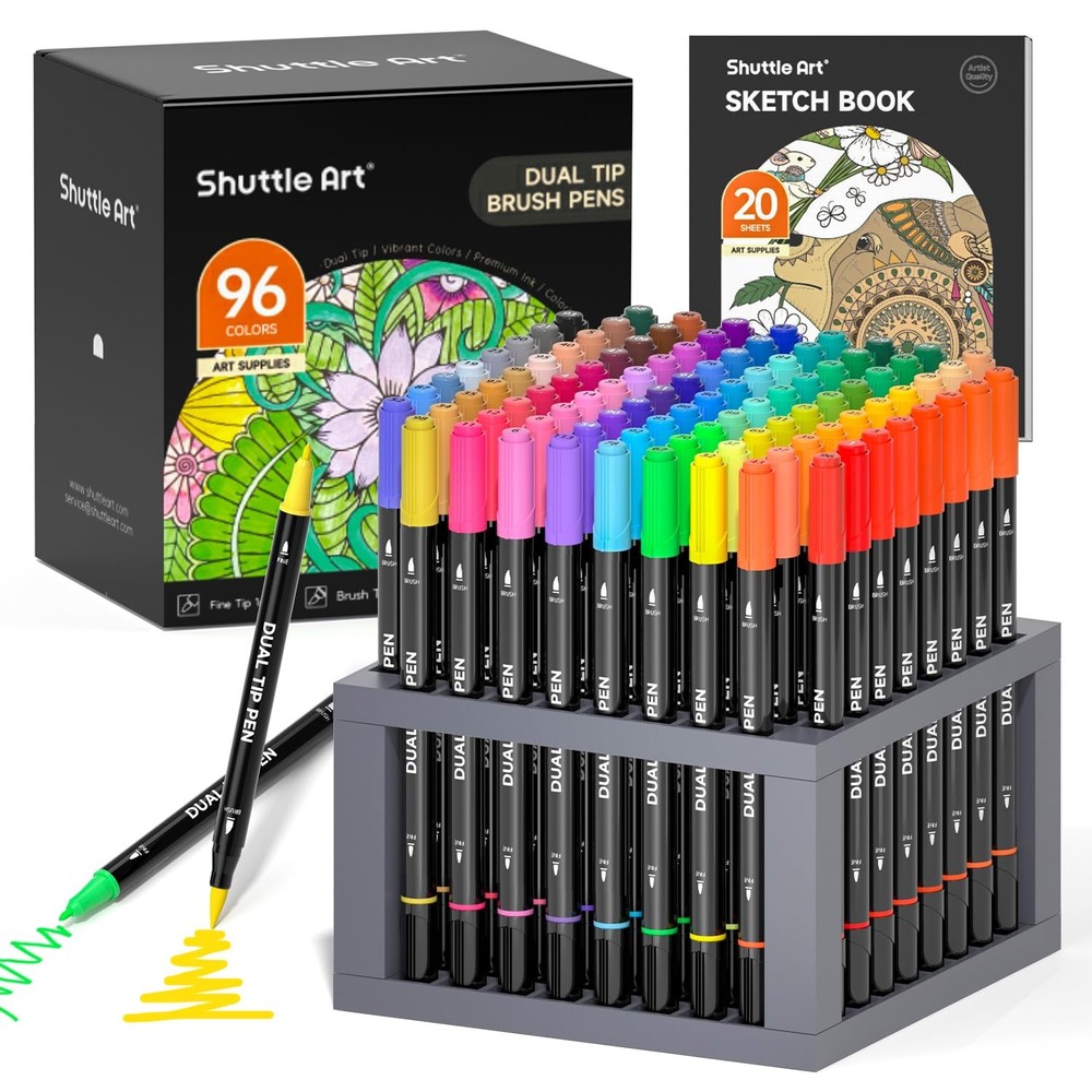 96-Color Dual Tip Brush Marker Set with Fine & Broad Tips for Art & Lettering