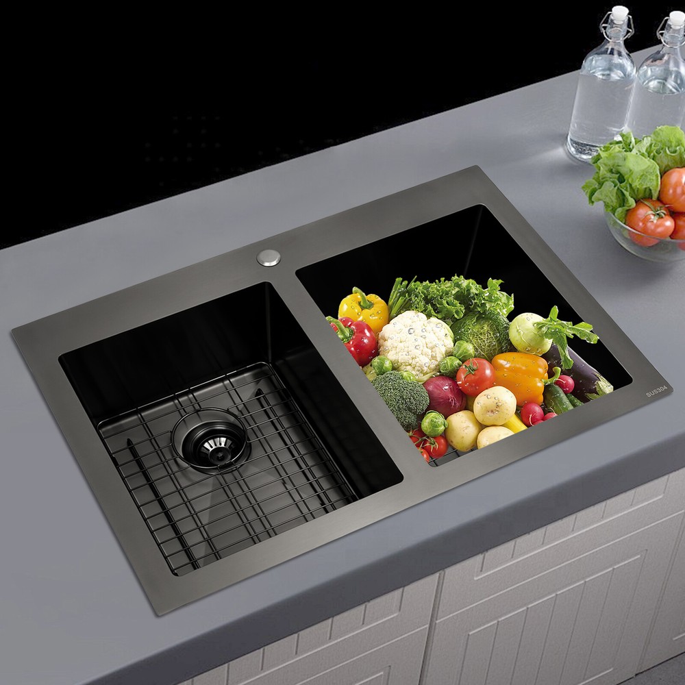 33x22 Inch Drop-in Double Bowl Kitchen Sink in Gunmetal Black Stainless Steel Made in USA