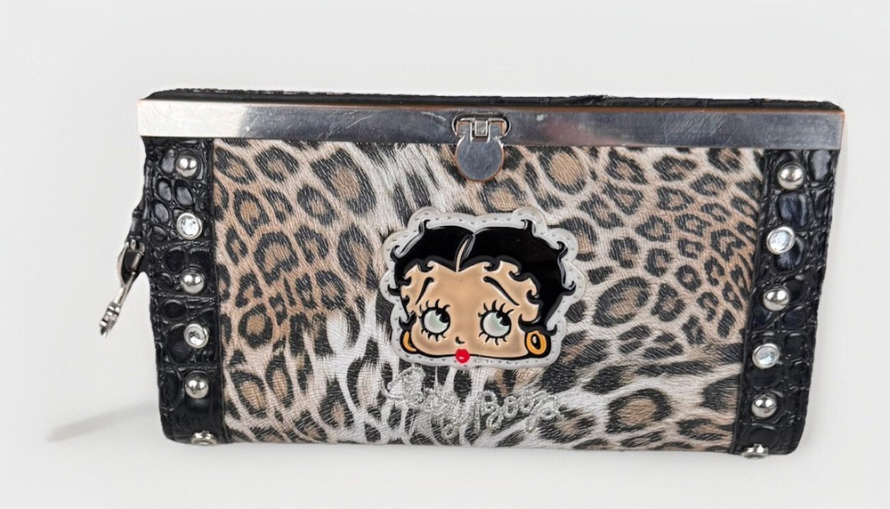 Betty Boop Leopard Print Studded Wristlet Clutch with Wallet