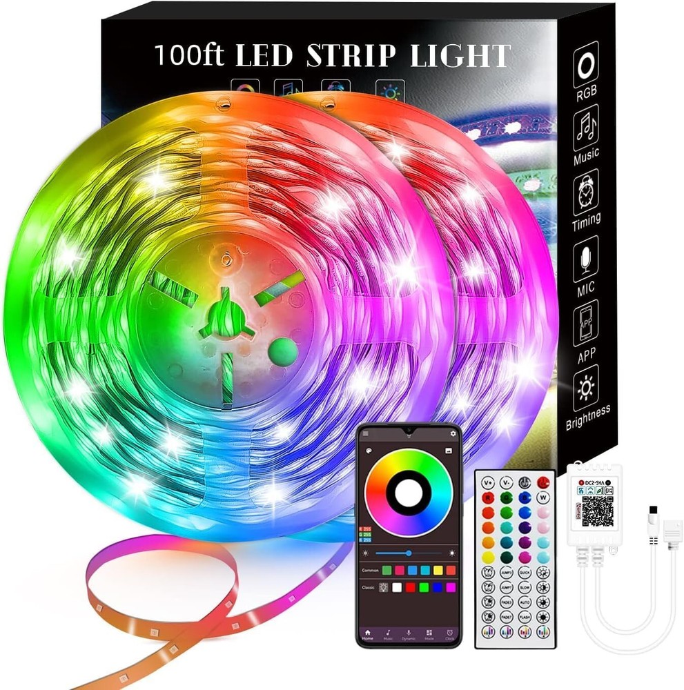 100FT Smart LED Strip Lights (2 Rolls of 50Ft), RGB Strip Lights Sync to Music w
