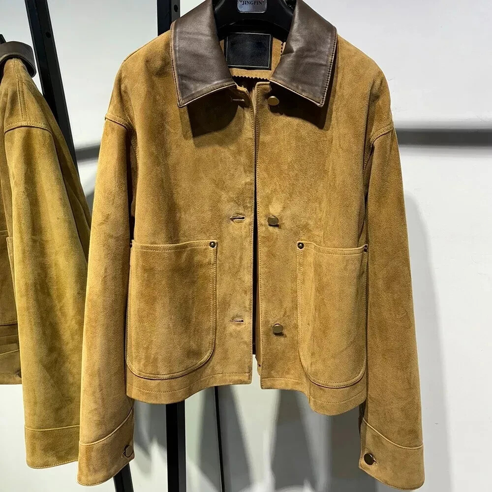 Women's Beige Cropped Suede Biker Jacket with Pockets