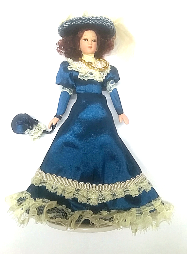 Victorian Lady Doll 1/12 Scale Deep Blue Satin Gown & Hat