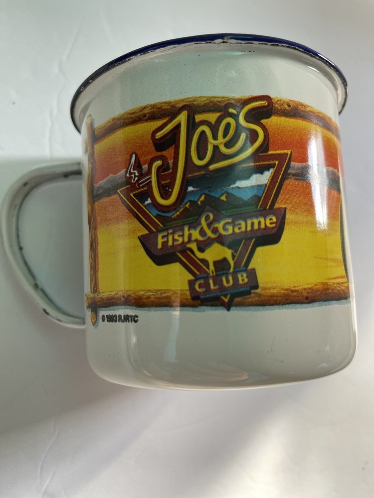 VINTAGE ENAMEL COFFEE MUG JOE’S FISH & GAME CLUB JOE CAMEL ADVERTISING COLLECTOR