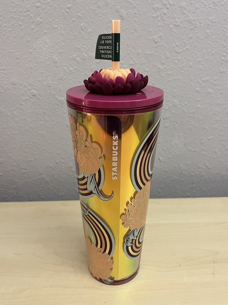 Starbucks 2024 Holiday 24oz Cold Cup with Flower Straw Charm - New Tumbler