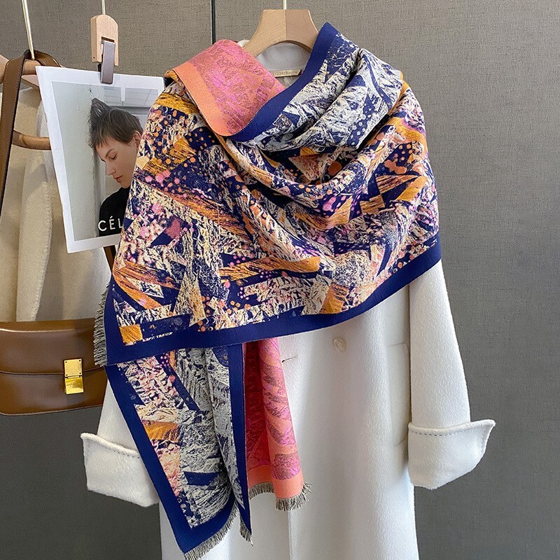 Luxury Vintage Blue Pink Cashmere-Like Pashmina Shawl 180x60cm for Women