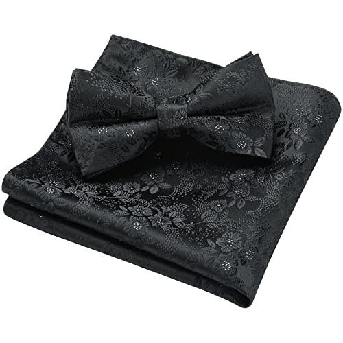 Men's Pre-Tied Paisley Bow Tie & Pocket Square Set in H-Black4