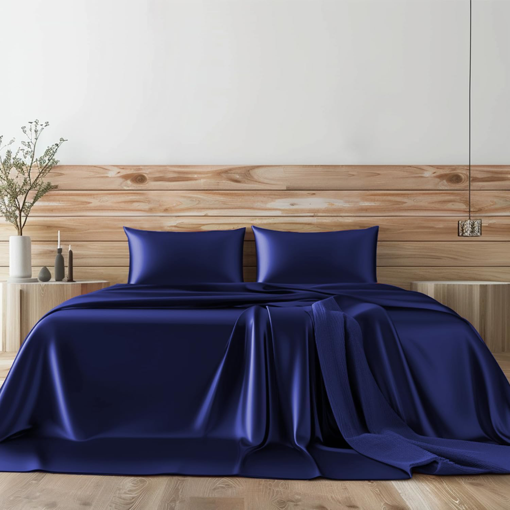 Satin Queen Bed Sheets Set 4 Pcs, Soft Durable Fitted Flat Pillowcase, Navy Blue