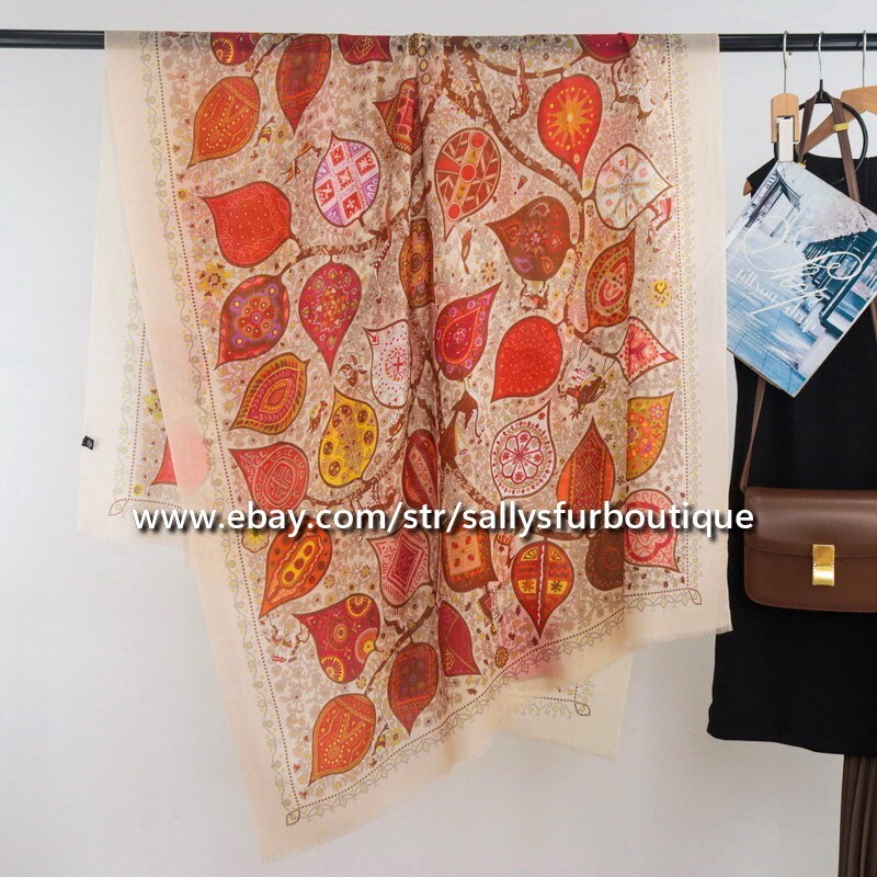 Sallys 200s Cashmere Thin Scarf Wrap Shawl with Leaves Print 78x39 Soft Delicate