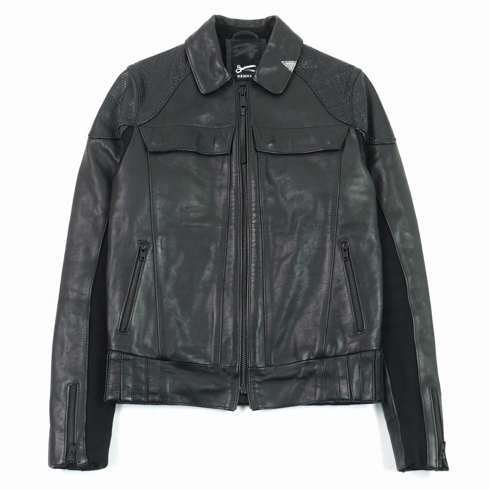 Denham Cowhide Zip-Up Leather Rider Jacket with Switching Design