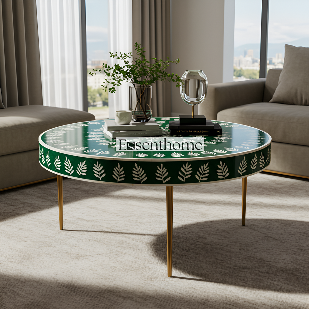 Essenthome Green Bone Inlay Round Coffee Table – Handmade Floral Accent Table