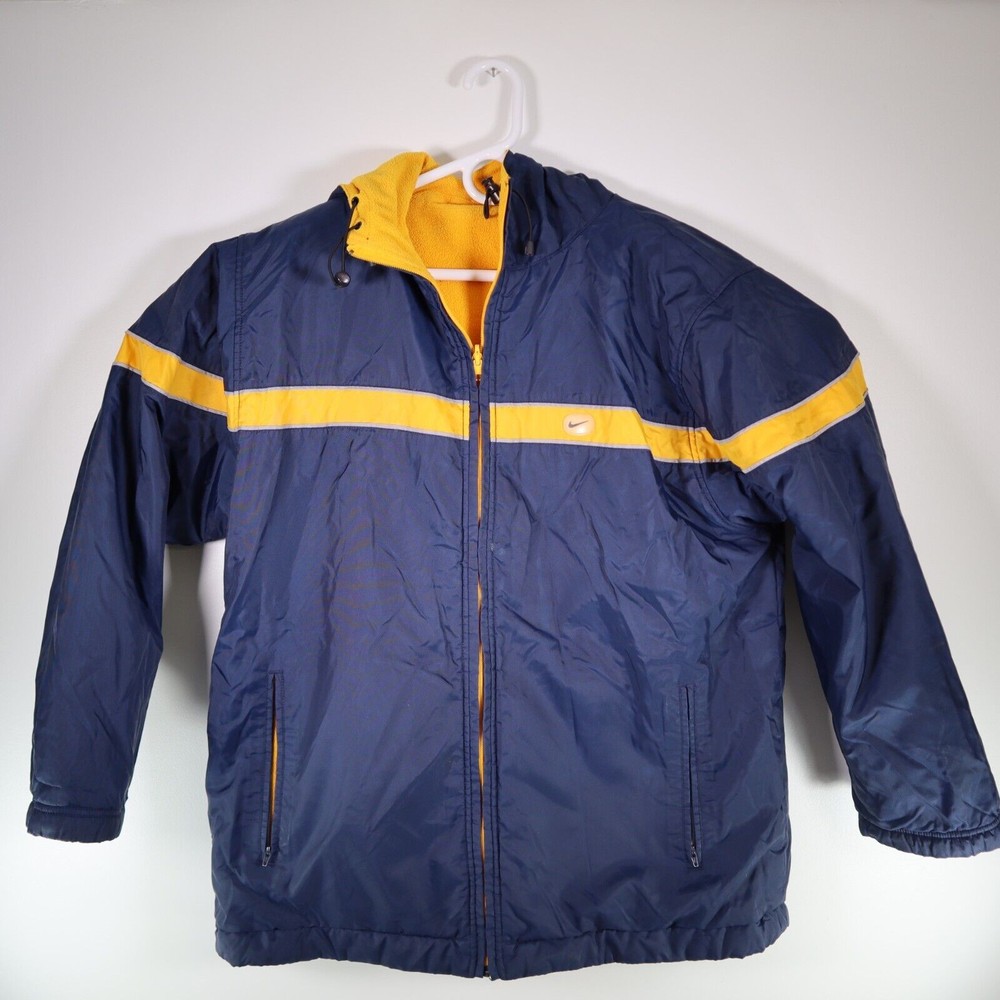 Nike Swoosh Chaqueta Mediana Años 90 Azul Marino Amarillo Reversible Exterior Golf Vellón
