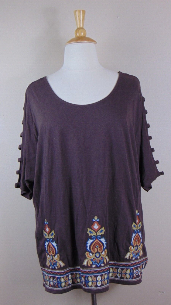 Roman's Embroidered Brown T-shirt Boho Size 22/24 1x Cotton Rayon Top