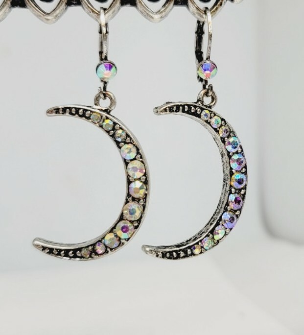 KIRKS FOLLY Cresent MOON Aurora Borealis EARRINGS  -  Silver tone Crystal