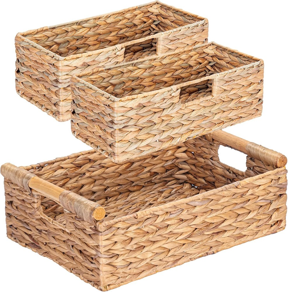 Storage Baskets for Organizing with Wooden Handles for Shelves
