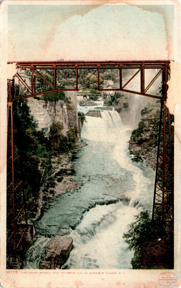 Historic 10775 Failroad Bridge Postcard at Rainbow Falls Ausable Chasm NY