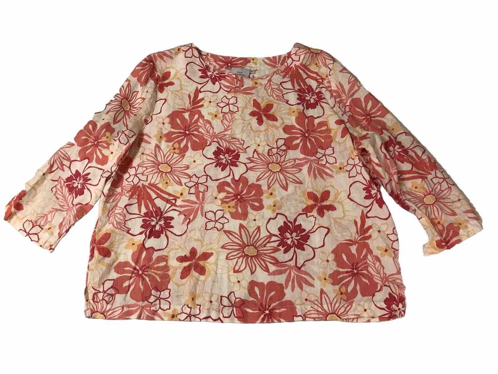Hot Cotton 100% Linen Floral Top Shirt Women Large Pink Yellow Ivory USA Beachy
