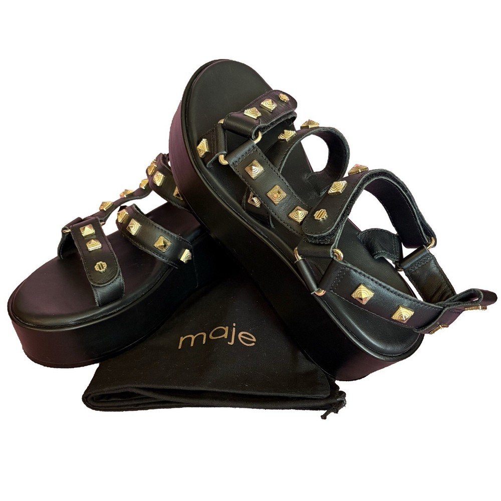 Maje Black Leather Gold Studded Platform Sandals FR38 EU37 $345 Value