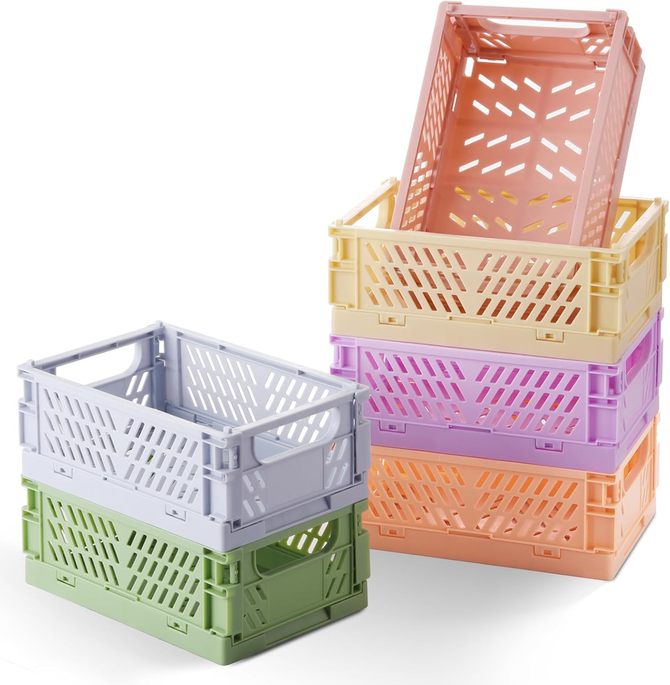 6-Pack Small Pastel Plastic Storage Baskets, Collapsible Crates for Organizin...