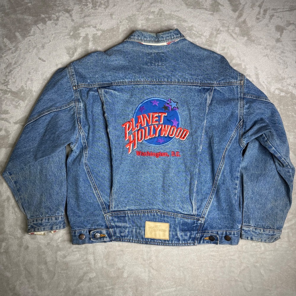 Planet Hollywood XL VTG 90s Embroidered Logo Denim Trucker Jacket Washington DC