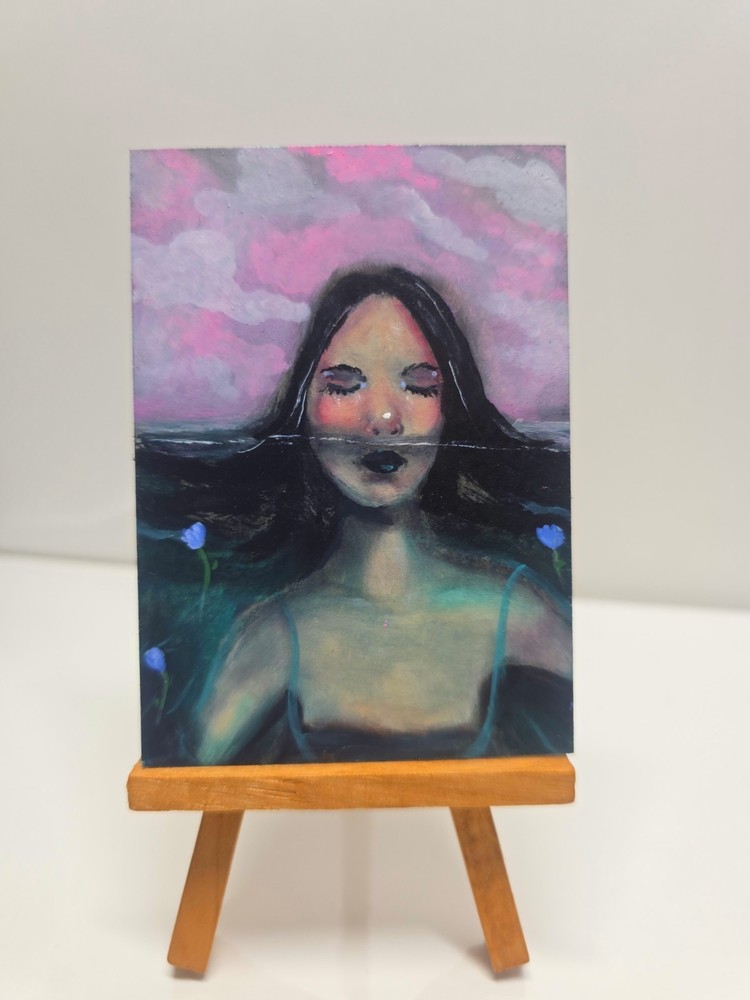 Original ACEO Surreal Portrait Painting Ocean Dreamy Girl Floating Art OOAK
