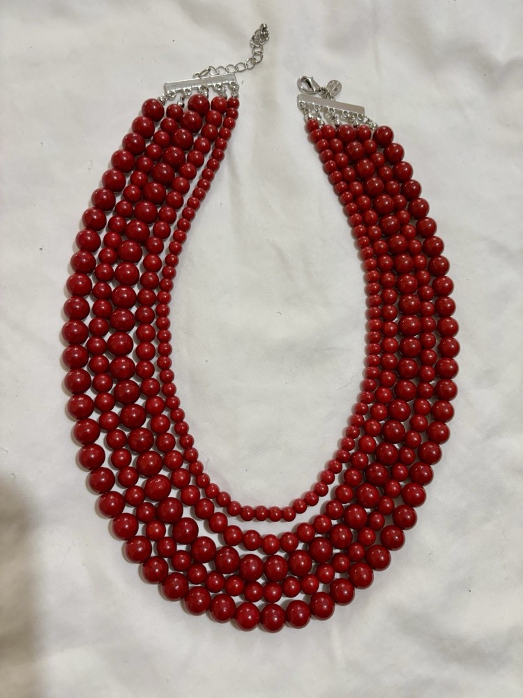 Red Multi-strand Beaded Statement Necklace. 5 Strands 18