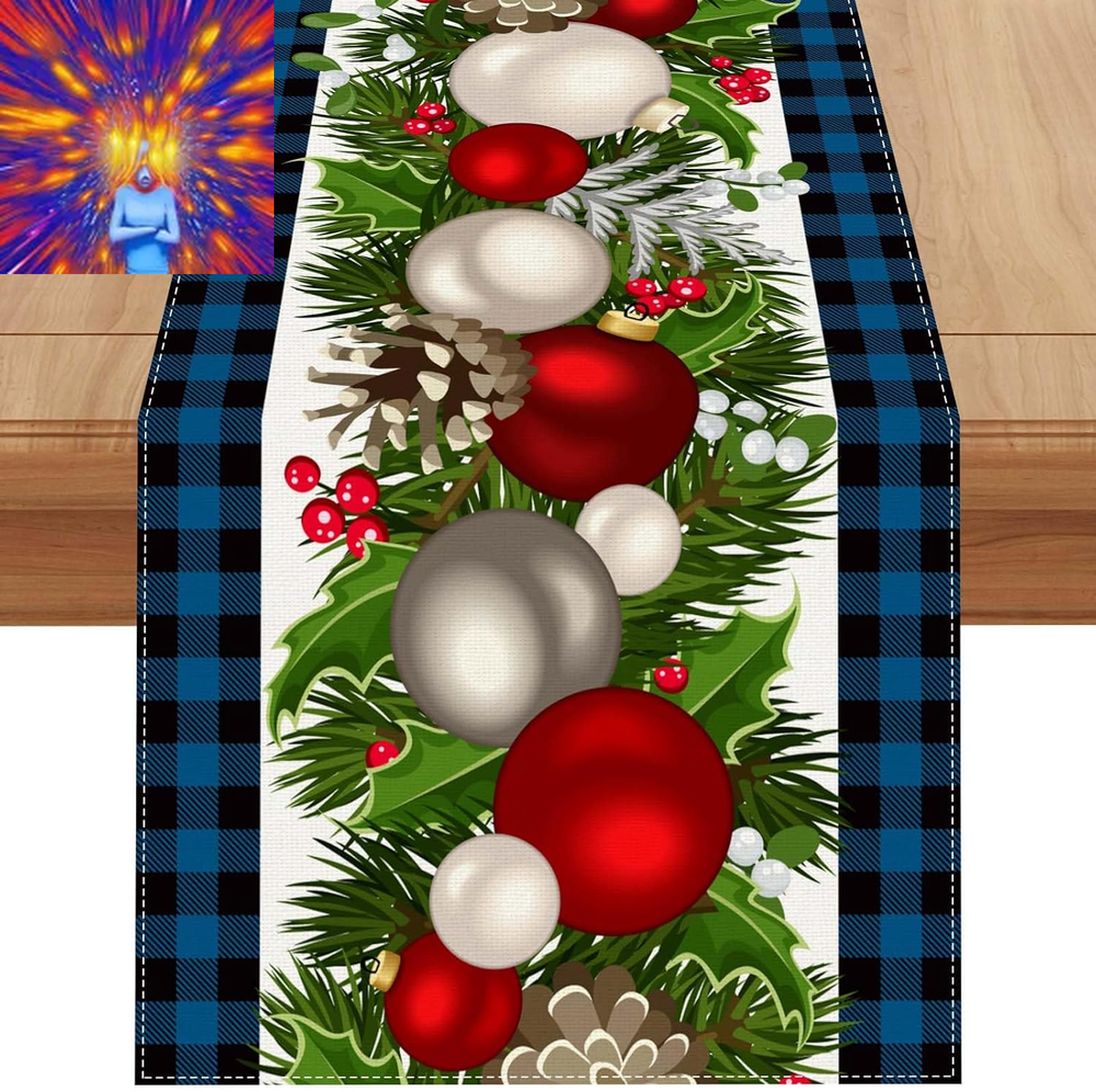 Linen Blue and Black Buffalo Check Plaid Christmas Table Runner 90 Inches Long F