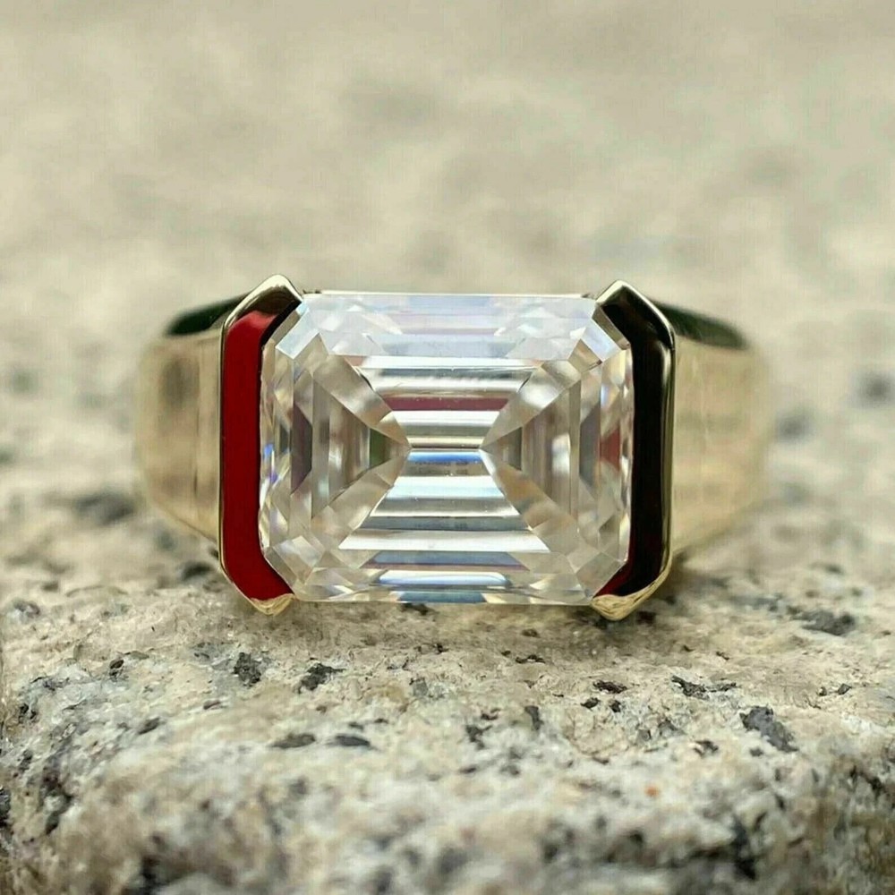 2.00 Ct Emerald Cut Moissanite Men's Wedding Ring 14K Yellow Gold Plated Silver