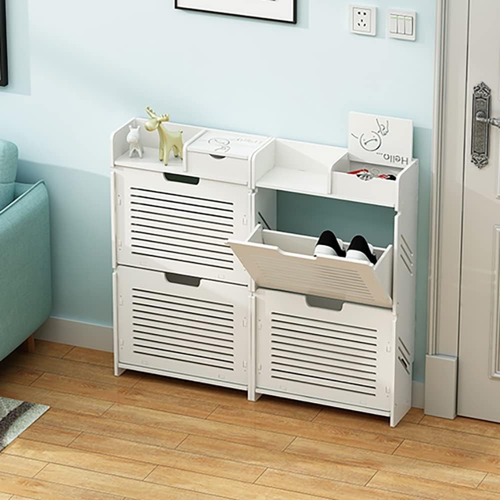 Space-Saving Freestanding Shoe Cabinet with Tipping Bucket Design