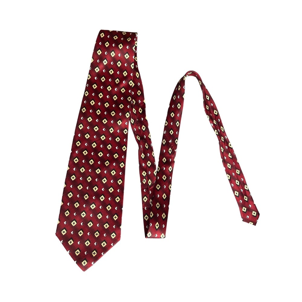 Baijian Men's Handmade Silk Necktie 57 in X 4 in - Maroon Yellow Diamond Print
