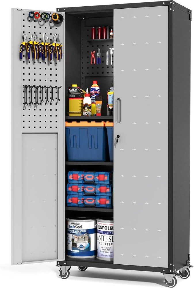 71-Inch Tall Garage Metal Storage Cabinet with Pegboard for Organized Tool Storage  