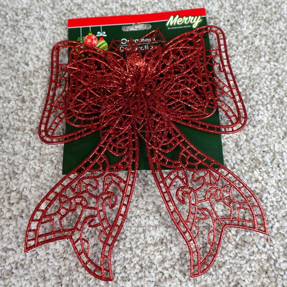 Merry by Christmas House Red Glitter Bow Poinsettia Ornament Clip Decoration