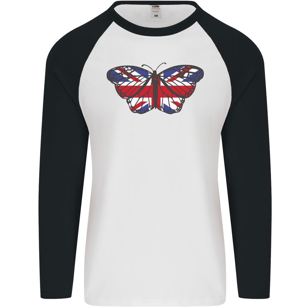 Union Jack Butterfly British Britain Flag Mens L/S Baseball T-Shirt