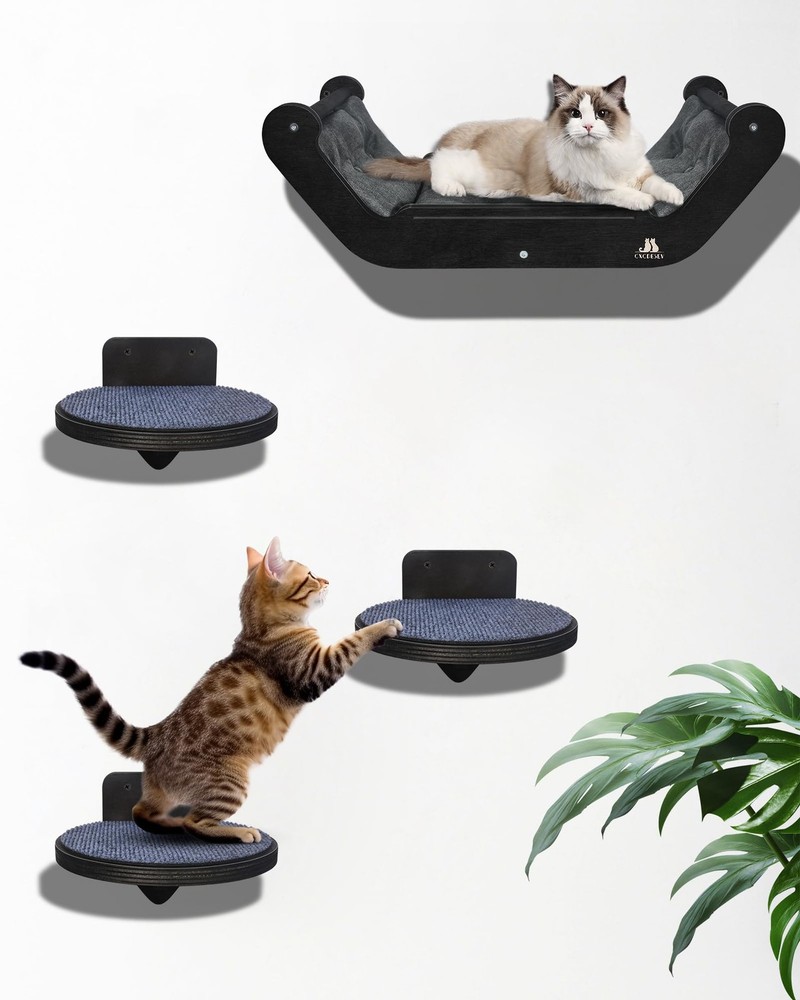 Wooden Cat Wall Shelves with 3 Steps - Space-Saving Wall Mounted Cat Tree Set for Climbing and Lounging