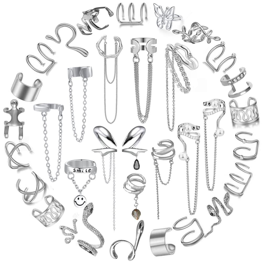 34 PCS Gold Silver Adjustable Ear Cuffs Earrings for Women Non-Piercing Carti...