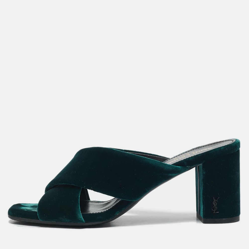 Saint Laurent Green Velvet Loulou Criss Cross Slide Mules Size 37 EU