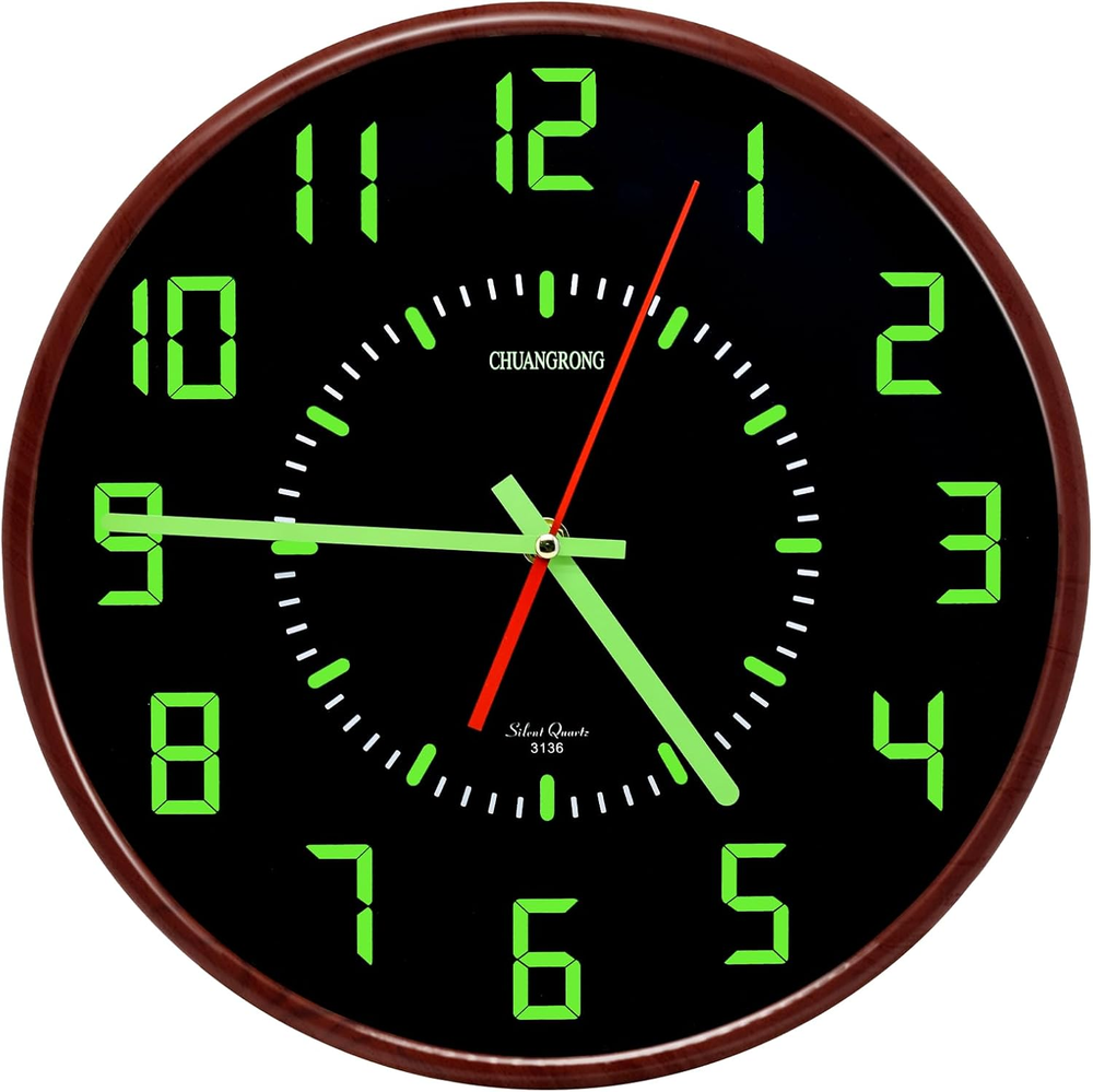 Glow in the Dark Thin Wall Clock，12 Inch Silent Non-Ticking Vintage Battery Oper
