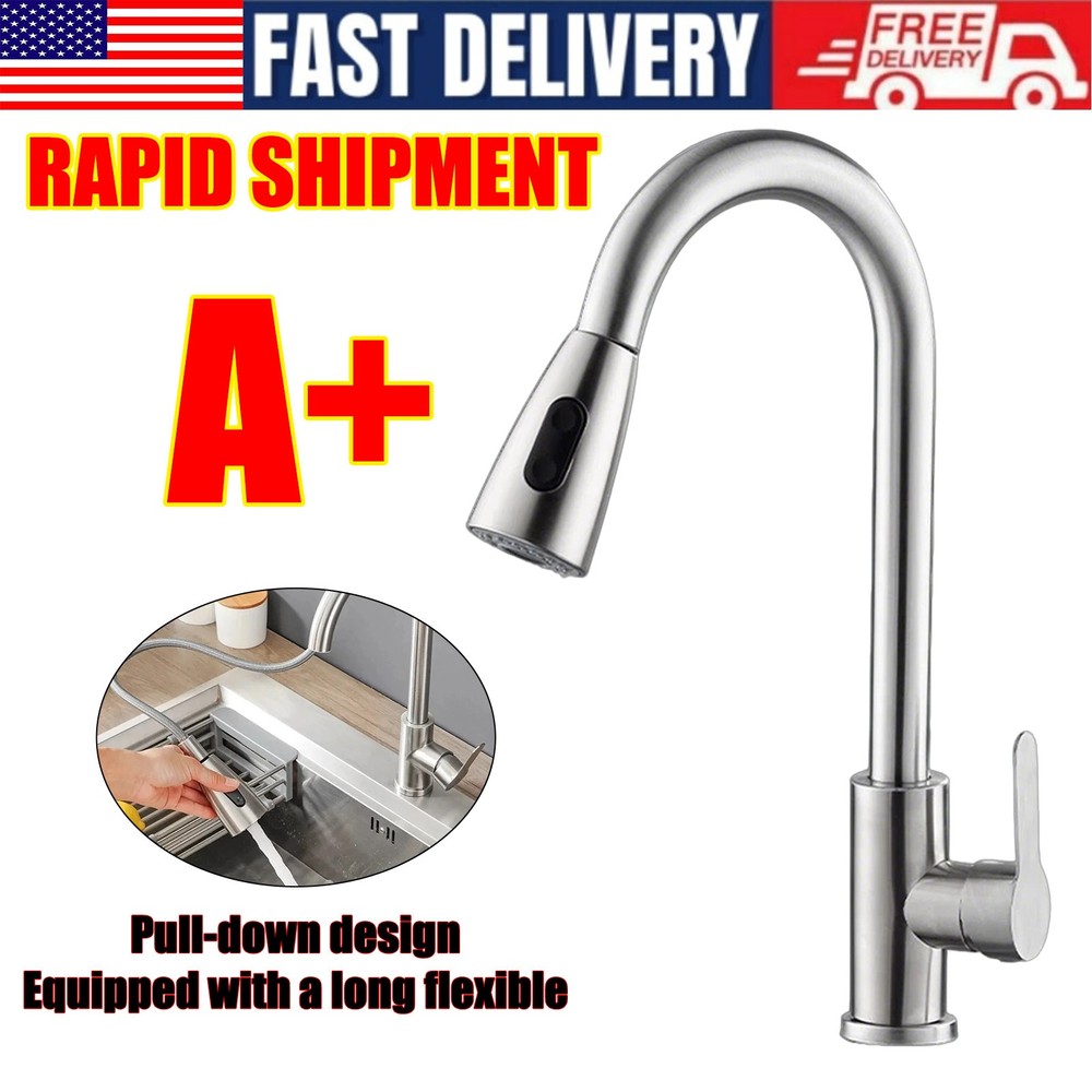 Kitchen Sink Faucet Brushed Nickel Single Handle Swivel Pull Down Sprayer Mixer`