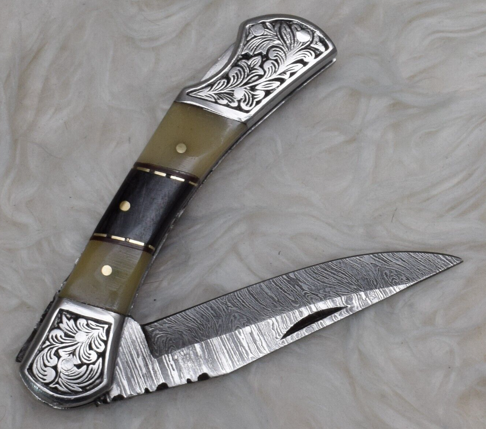 Custom Handmade Damascus Steel Folding Pocket Knife with Bone Handle H-1124