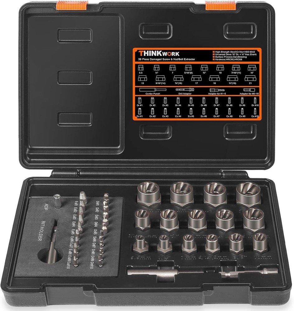 39-Piece Impact Bolt Extractor Set for Stubborn Screws Nuts and Bolts Removal