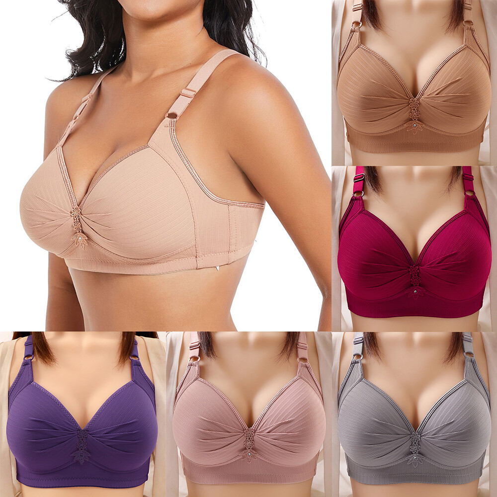 Woman Solid Color Non Wired Bra Full Firm Support Wire Free Lace  Bratette Bra