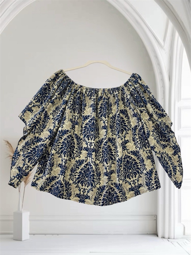Womens Medallion Print Off The Shoulder Top Size XL Split Bell Sleeves Boho Chic