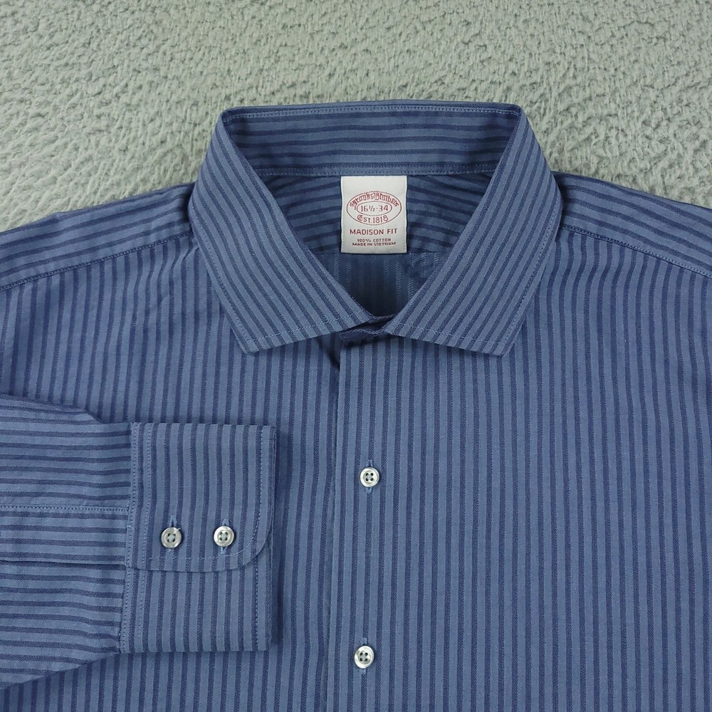 Brooks Brothers Dress Shirt Mens 16.5 Blue Stripe Madison Fit Cotton