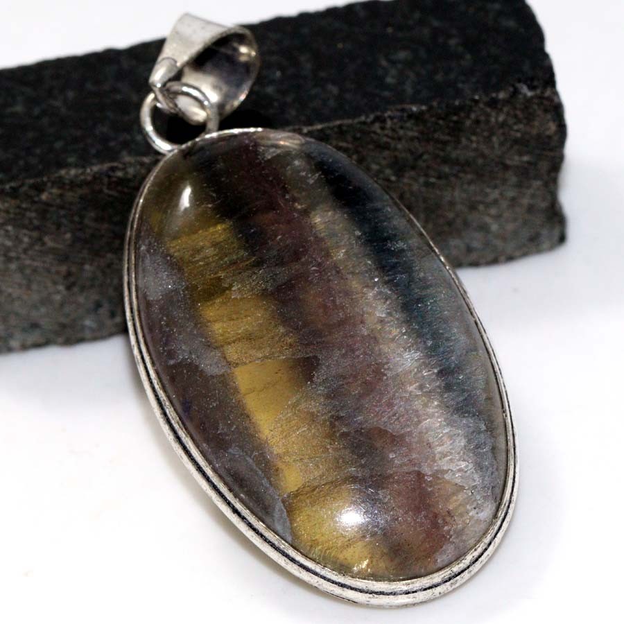 925 Silver Rainbow Fluorite Ethnic Pendant 2 Inch Jewelry JW  