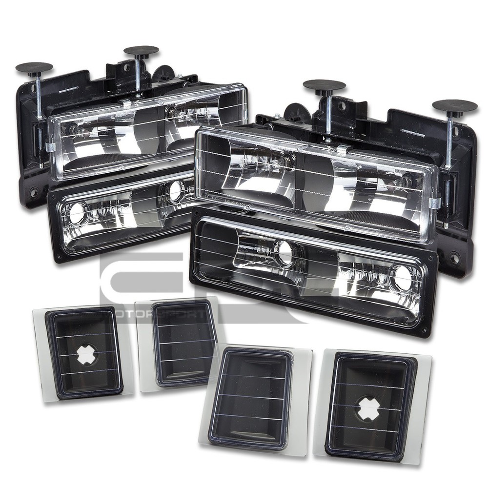 94-99 Chevy C10 C/K Pickup Truck Black Housing Headlights with Clear Signal Lamps