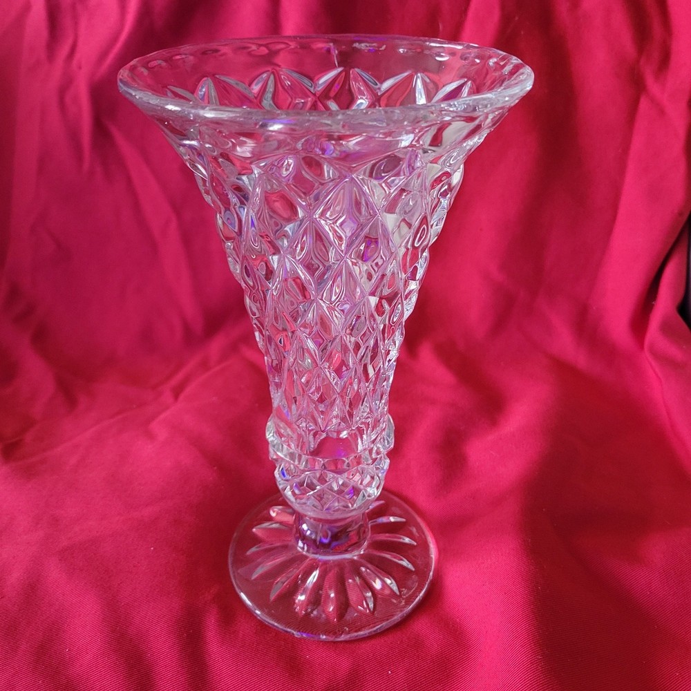 Pressed Glass Vase 10 Inches with Elegant Geometric Design