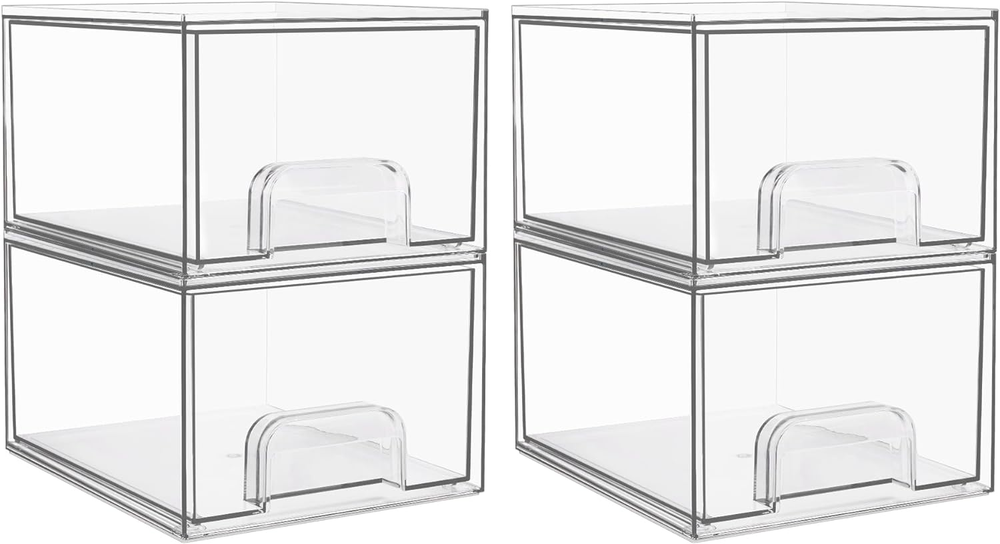 4 Pack Clear Stackable Acrylic Makeup Organizer Drawers 4.4 Inch Tall